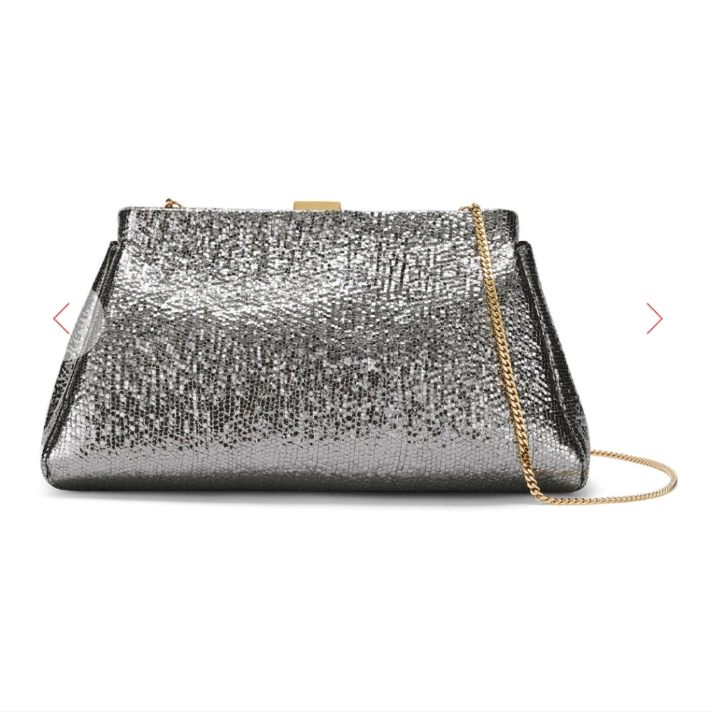 NWT DeMellier MINI CANNES Silver Metallic Leather CHAIN STRAP CLUTCH Bag-$465